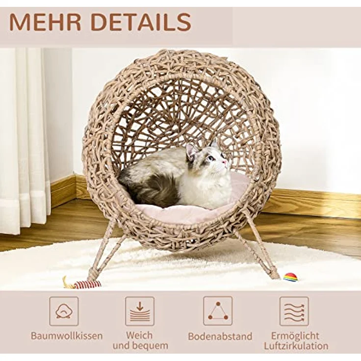 PawHut Katzenhaus aus Rattan mit Kissen, Katzenschlafplatz mit erhöhten Füßen und stabiler Konstruktion, Natur Ø52 x 58 cm – Bild 5