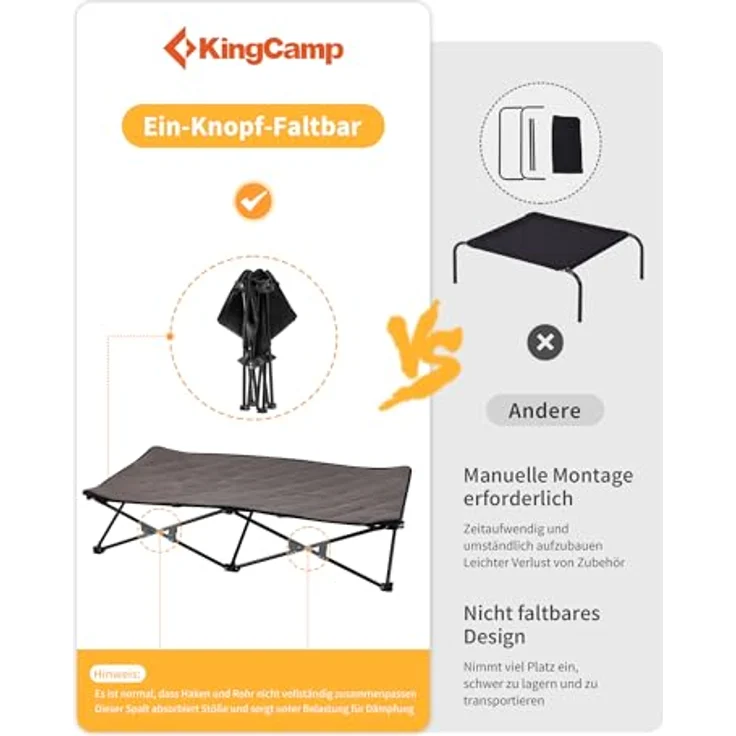 KingCamp Erhöhtes Hundebett, Outdoor-Hundeliege mit atmungsaktivem Mesh, Wildledermatte und rutschfesten Füßen, 132 x 68 x 29 cm, Schwarz – Bild 5