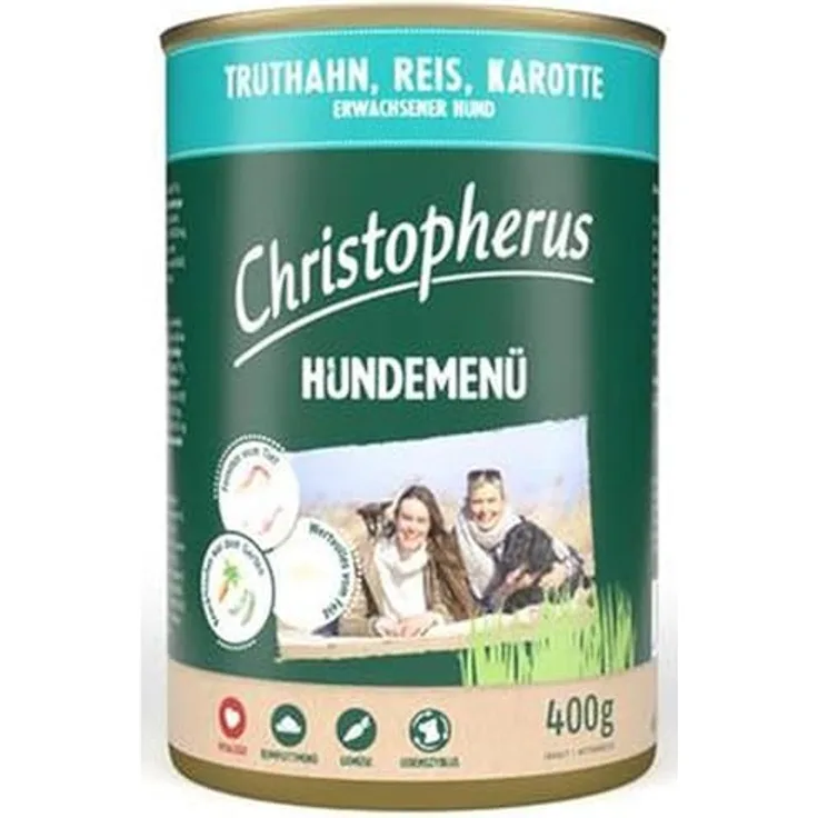 Allco Christopherus Menue Adult, Hunde-Nassfutter mit 62% Fleischanteil, Truthahn, Reis und Karotte, 6x 400g