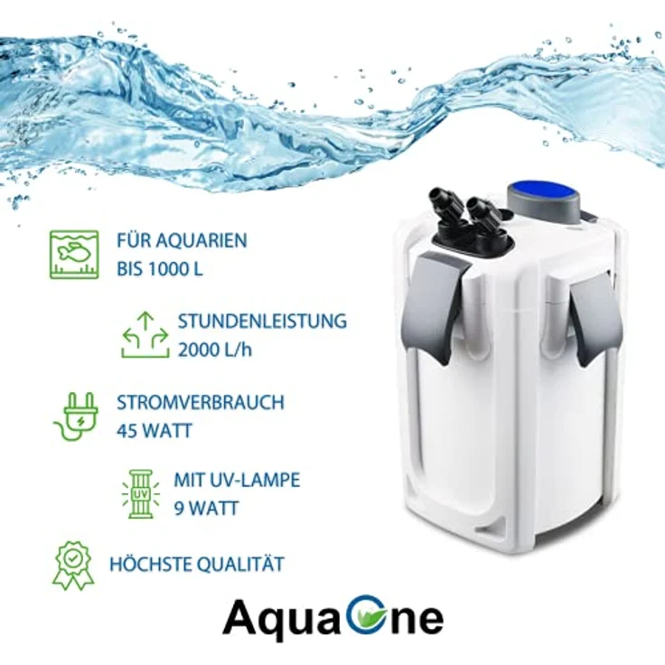 AquaOne Außenfilter HW-704B 2000 L/h, inkl. 9 Watt UVC Lampe für Aquarien bis 1000 Liter, leistungsstark und leise, geeignet für Süßwasser und Meerwasser Becken – Bild 2