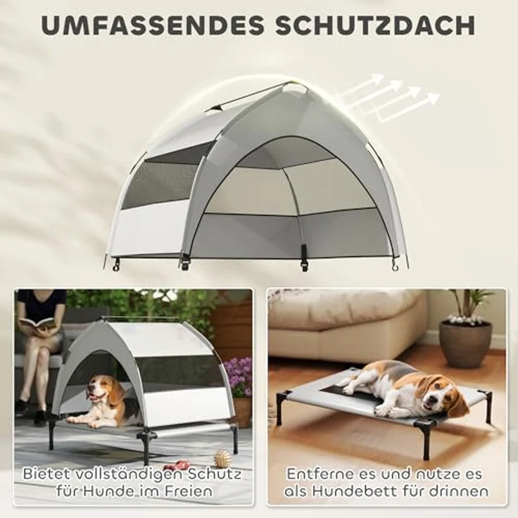 PawHut Hundeliege Outdoor mit Dach, erhöhtes Hundebett für mittelgroße Hunde, atmungsaktiv und kühlend, 76x61x70cm, Hellgrau – Bild 3