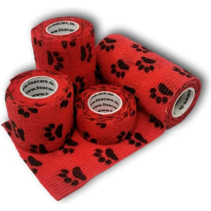 LisaCare selbsthaftende Fixierbinde - Wundschnellverband wasserfest für Hunde - 4er-Set, 2,5-10 cm breit, rot, atmungsaktiv, elastisch, rückstands- und schmerzfrei abziehbar