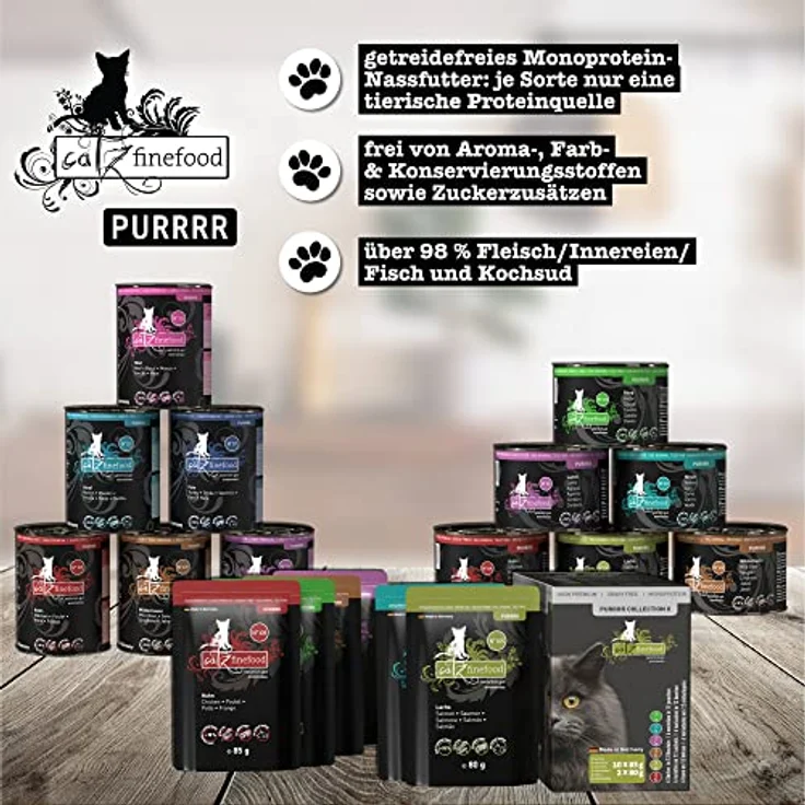catz finefood Purrrr Collection II, Monoprotein Katzen-Nassfutter, getreidefrei, zuckerfrei, hypoallergen, hoher Fleischanteil, Multipack 12 x 80g-85g – Bild 3