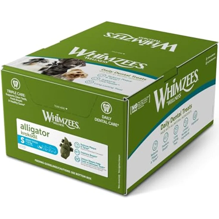 WHIMZEES Krokodile S, glutenfreie und vegetarische Hundesnacks zur Plaque- und Zahnsteinbeseitigung, 150 Stück im Display (1 x 2.25 kg) – Bild 3