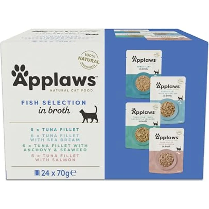 Applaws Natürliches Nassfutter für Katzen, Fisch-Auswahl in Brühe, 24 x 70g, 100% natürliche Zutaten, 75% Thunfischfilet, Omega-3 & 6 Unterstützung – Bild 1