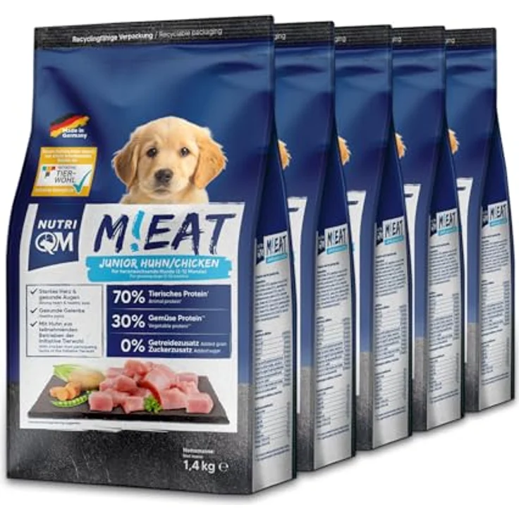 NutriQM® M!EAT Welpen Trockenfutter, getreidefrei, 7 kg (5×1,4 kg), mit Fischöl & Hühnerfleisch, ohne Zucker & Zusatzstoffe, Junior Trockenfutter Hund, Made in Germany – Bild 1