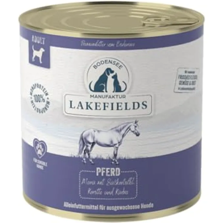 Lakefields Premium Hundefutter Nass, Pferd 60%, 6x800g, Getreidefrei, mit Süßkartoffeln, Karotte und Kürbis, schonend gegart