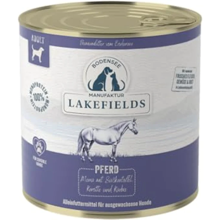 Lakefields Premium Hundefutter Nass, Pferd 60%, 6x800g, Getreidefrei, mit Süßkartoffeln, Karotte und Kürbis, schonend gegart