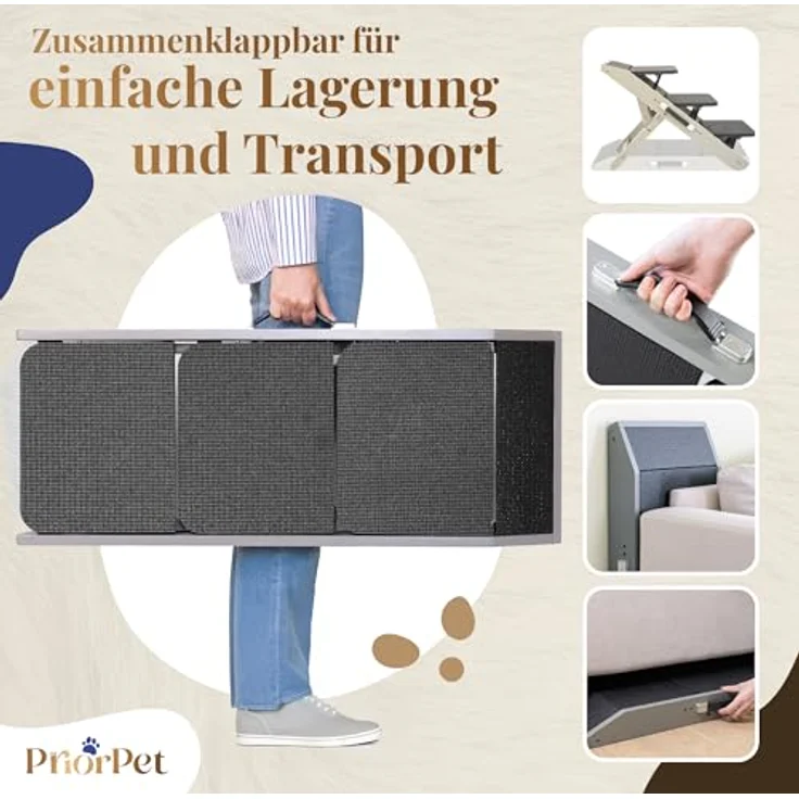 PRIORPET Hundetreppe 2-in-1 Treppe/Rampe, höhenverstellbar 18-50 cm, rutschfeste Gummioberfläche, massive Birkenholzkonstruktion, grau – Bild 5