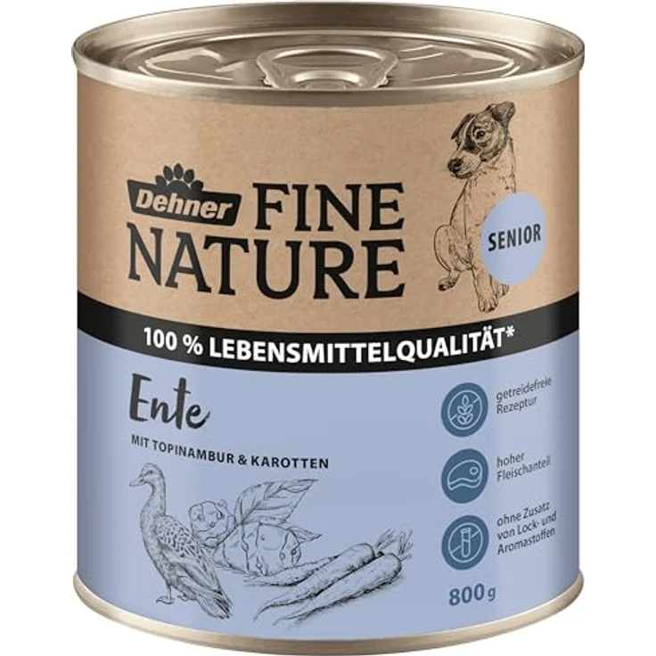 Dehner Fine Nature Hundefutter, Nassfutter in Lebensmittelqualität für ältere Hunde, Ente mit Topinambur und Karotten, 6 x 800 g Dose (4.8 kg) – Bild 2