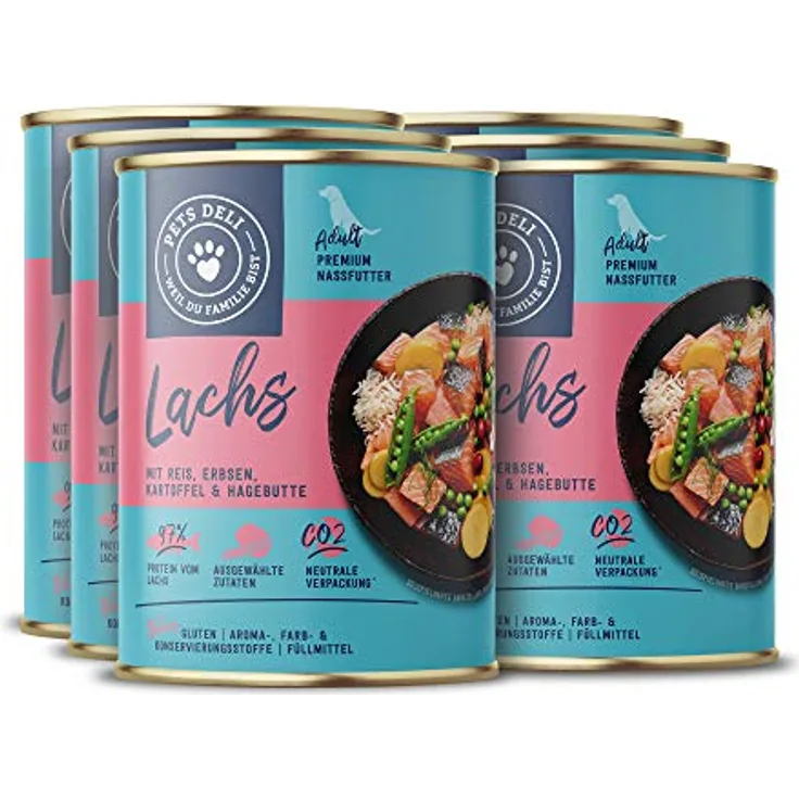 Pets Deli Classic Hunde Nassfutter Lachs, Reis & Kartoffel, leicht verdaulich mit Omega-3, getreidefrei, 6x375 g, Premium Qualität