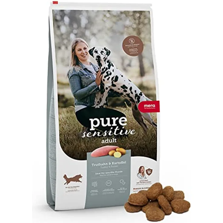MERA Pure Sensitive Truthahn & Kartoffeln, Trockenfutter für ausgewachsene Hunde, getreidefrei mit 25% frischem Fleisch, 4 kg