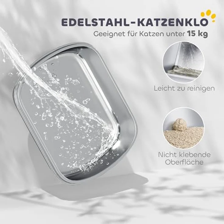 PawHut Edelstahl Katzenklo, offene Katzentoilette mit hohem Rand, Wanne und Streuschaufel, für große Katzen bis 15 kg, 53 x 42 x 27 cm, Kohlegrau – Bild 3