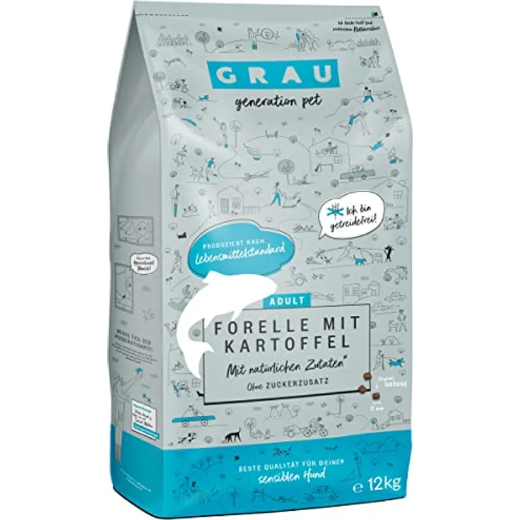 GRAU – Original Trockenfutter für Hunde – Forelle mit Kartoffeln (1x 12 kg), getreidefrei, für sensible, erwachsene Hunde