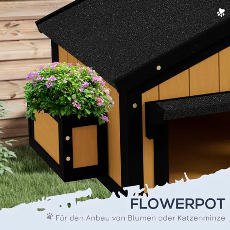 PawHut Katzenhaus, Tannenholz, Outdoor Katzenhütte mit 2 Etagen, mehreren Eingängen, winterfest mit Asphaltadach, Blumenkasten, erhöhtes Design, gelb, 96 x 65 x 85,5 cm – Bild 4