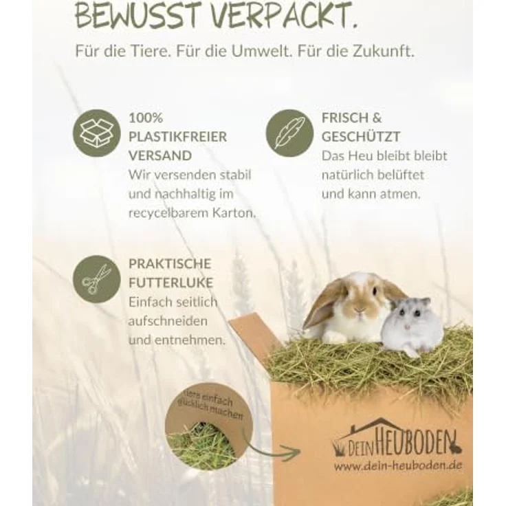Dein Heuboden Heu 4kg, Wiesenheu und Einstreu für Kaninchen, Meerschweinchen und Hasen, 100% natürlich, ohne Plastikverpackung, Made in Germany – Bild 3