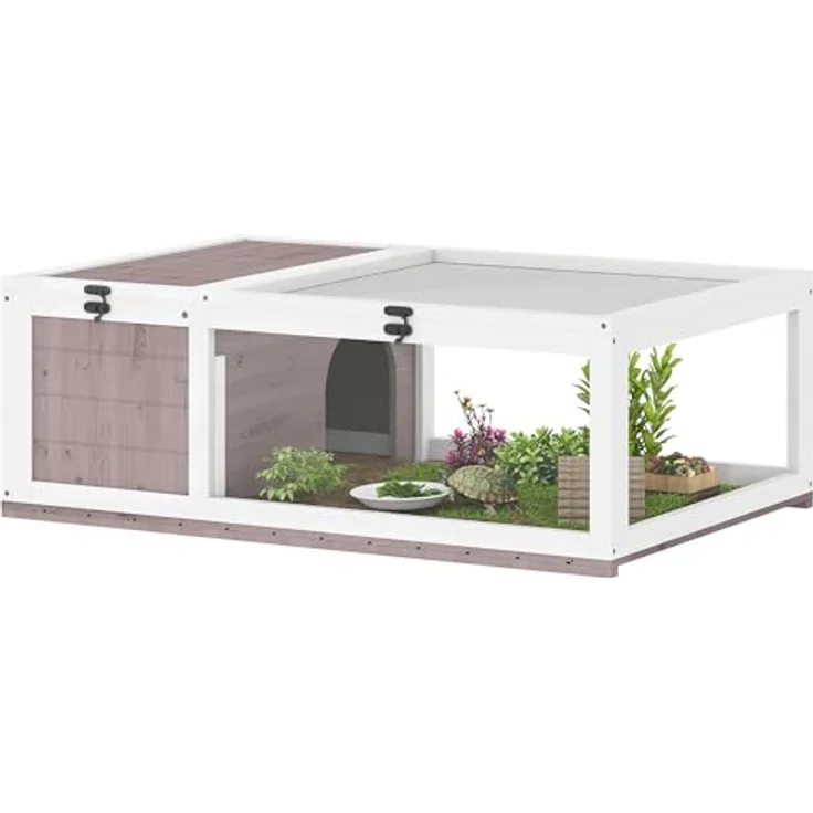 PawHut Kleintierstall Schildkrötengehege, 91x60,5x32 cm, mit aufklappbarem Dach und zwei Zonen für Schildkröten und Eidechsen, Braun – Bild 1