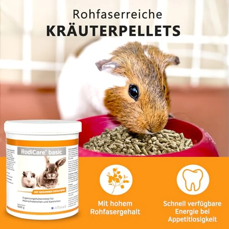 Alfavet RodiCare Basic, Kräuterpellets, rohfaserreich für Meerschweinchen und Kaninchen, mit Vitaminen und Wildkräutern, 1000g Dose – Bild 2