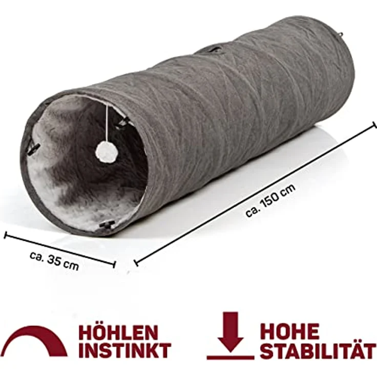 CanadianCat Company XXL Spieltunnel für Katzen mit Kuschelfell, grau, 35 x 150 cm, variable Form, integriertes Katzenspielzeug, ideal für Mehrkatzenhaushalte – Bild 2