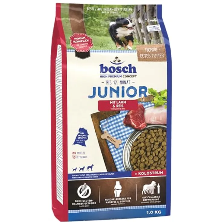 bosch HPC Junior mit Lamm & Reis, Hundetrockenfutter für ernährungssensible Welpen, glutenfrei & zuckerfrei, 1 x 1 kg