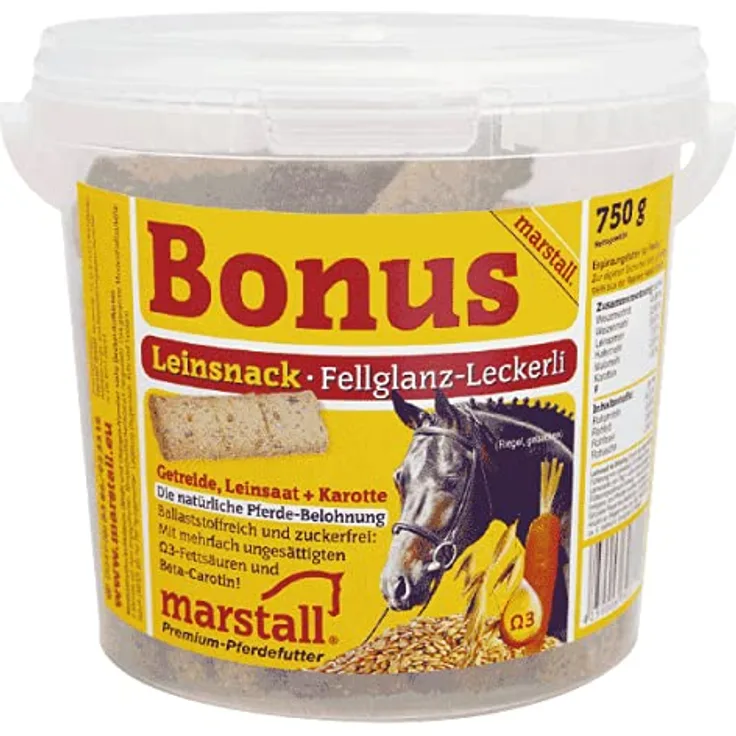MARSTALL Premium-Pferdefutter Bonus Leinsnack, 0.75 kg, traditionell handgemacht mit Extra-Portion Leinsamen für Dehnungsübungen