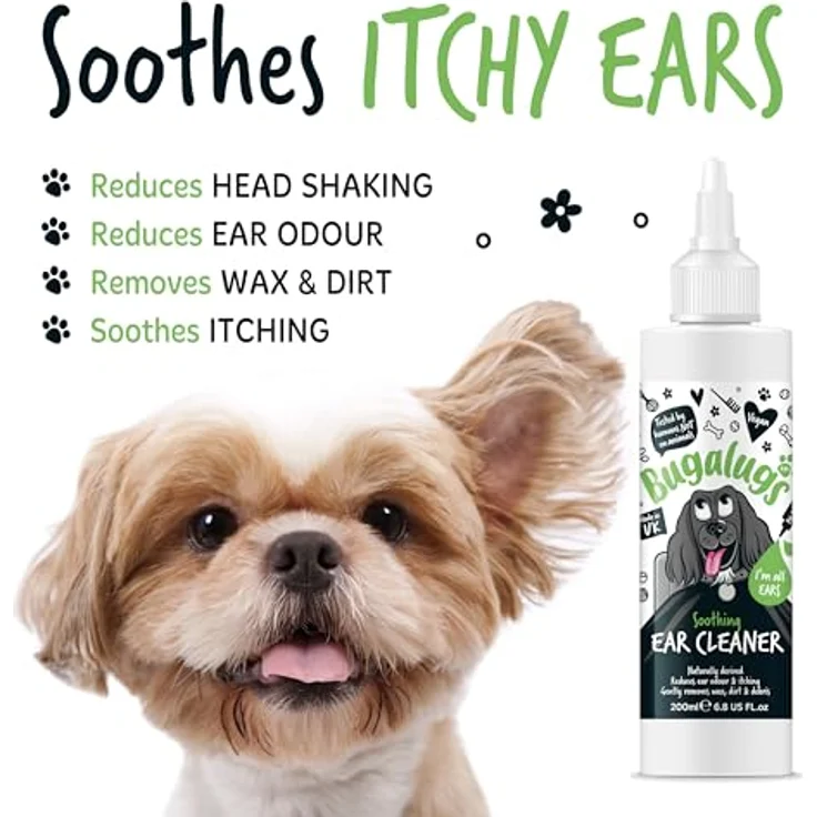 Bugalugs Hunde Ohrreiniger, beruhigende Flüssigkeit für saubere Ohren, 200 ml, 100% natürliche Inhaltsstoffe, für alle Haustiere – Bild 2