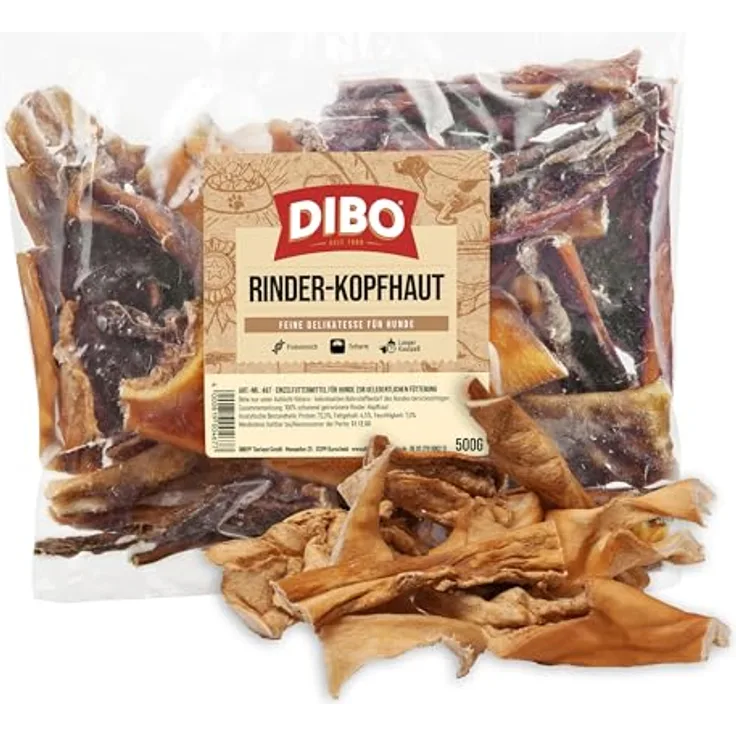 DIBO Rinderkopfhaut 500g, natürlicher Hundesnack für Zahngesundheit, leicht verdaulich für mittelgroße bis große Hunde