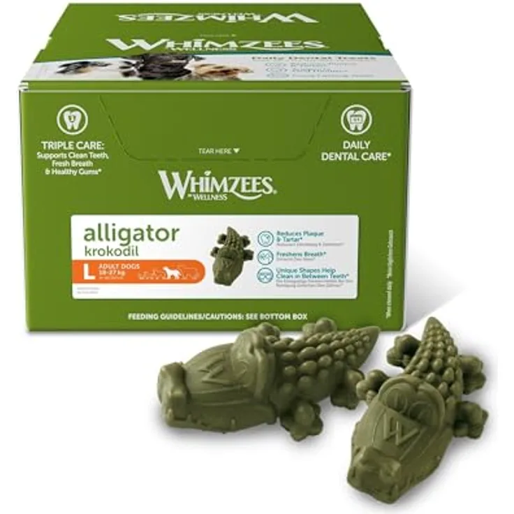 WHIMZEES Krokodile Größe L, glutenfreier und vegetarischer Hundesnack zur Plaque- und Zahnsteinbeseitigung, 30 Stück im Display (1 x 1.8 kg)