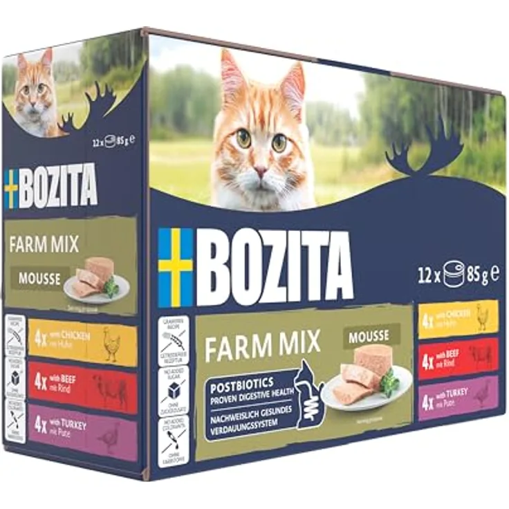 Bozita Mousse Mixed Farm, Katzen-Nassfutter mit Huhn, Rind und Pute, getreidefrei, 12x85g