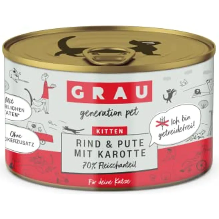 GRAU – das Original – Nassfutter für Katzen – Kitten – Rind, Pute & Karotte, 6er Pack (6 x 200 g), getreidefrei, für Kitten