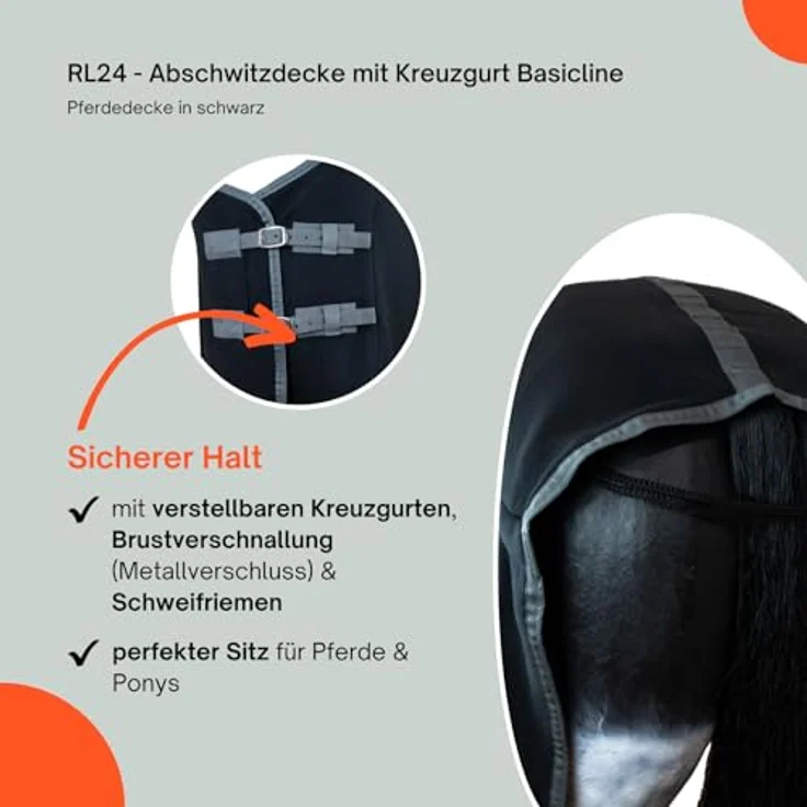 RL24 Abschwitzdecke mit Kreuzgurt BASICLINE, schwarz, atmungsaktiv und schnell trocknend, 165cm – Bild 4