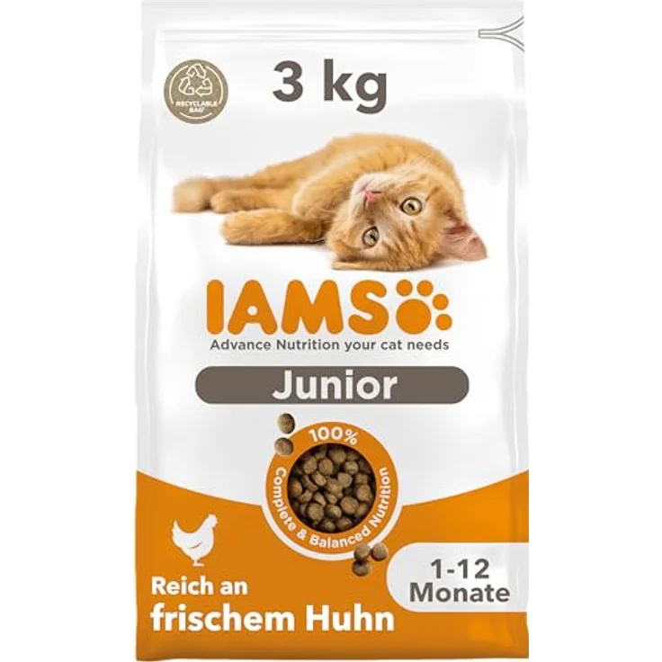 IAMS Junior Katzenfutter trocken mit Huhn, 3 kg - Vollwertiges Trockenfutter für Kätzchen (1-12 Monate), mit 91% tierischen Proteinen, weizenfrei, ohne Füllstoffe, unterstützt gesundes Wachstum und glänzendes Fell – Bild 1