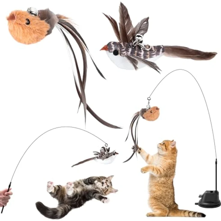 AiQInu Katzenspielzeug-Set, 4-teilig mit interaktiver Katzenangel (92cm), 2 Vögeln mit Glöckchen, verbesserter Saugnapf (7cm), hochwertiges Material für agiles Spielen – Bild 1