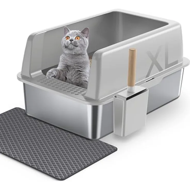 Gimars XL Katzenklo aus Metall, 37L Edelstahl Katzentoilette mit hoher Seitenwand, Schaufel & Matte, robustes Design für große & mittelgroße Katzen