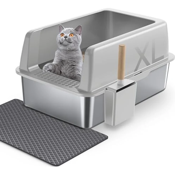 Gimars XL Katzenklo aus Metall, 37L Edelstahl Katzentoilette mit hoher Seitenwand, Schaufel & Matte, robustes Design für große & mittelgroße Katzen – Bild 1