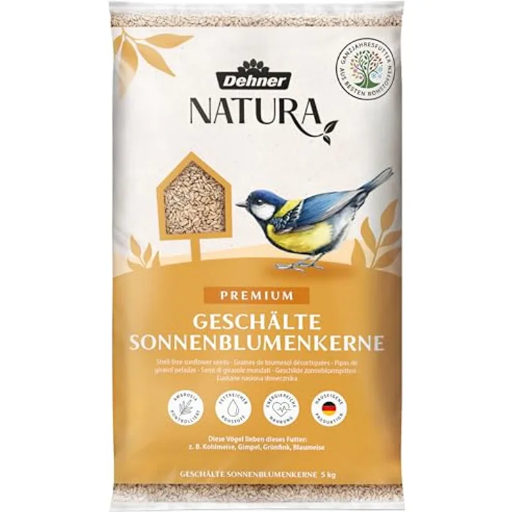 Dehner Natura Premium Wildvogelfutter, Sonnenblumenkerne schalenfrei, proteinreiches Ganzjahresfutter für Wildvögel, 5 kg