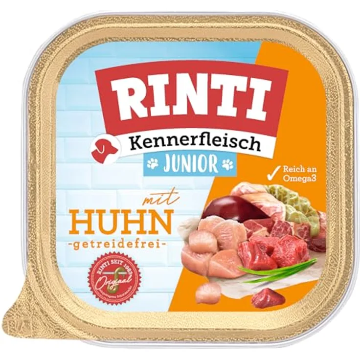 Rinti Kennerfleisch Junior, Nassfutter für junge Hunde mit 70% Huhn, 9 x 300g, ohne Getreide und Konservierungsstoffe