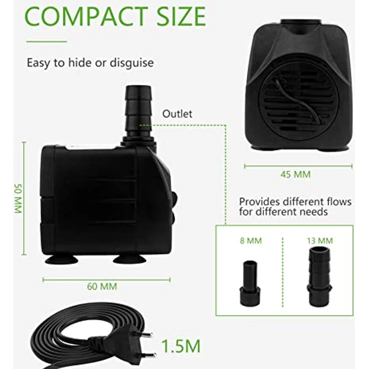 COKDEZ Mini Wasserpumpe, 600L/H, 10W, ultra leise mit 1,5 m Netzkabel, 2 Düsen, für Aquarien, Teich, Brunnen, Hydrokultur – Bild 2
