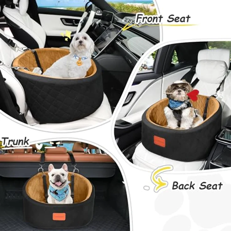 Lealchum Hunde-Autositz, bequemer Haustier-Autositz mit Sicherheitsleinen, waschbares Reise-Autobett mit rutschfester Unterseite (Schwarz/Braun, Small) – Bild 5