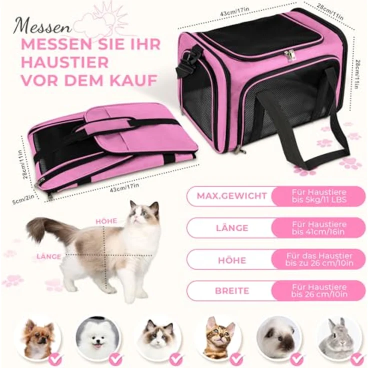 Lohofrnny Transporttasche Katze, Tragbare Faltbare Haustiertasche bis 5kg, Rosa, 43x28x28cm mit Schultergurt und dreiseitiger Öffnung – Bild 2