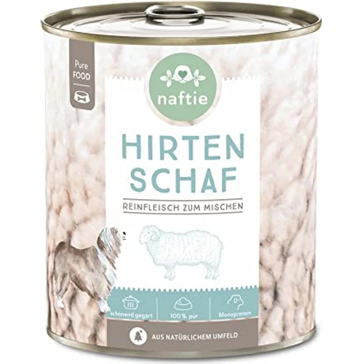 naftie Premium Hundefutter 100% Hirten Schaf, 800g Dose - Reinfleisch Nassfutter, glutenfrei, getreidefrei, ideal zum Mischen für Welpen und Allergiker – Bild 1
