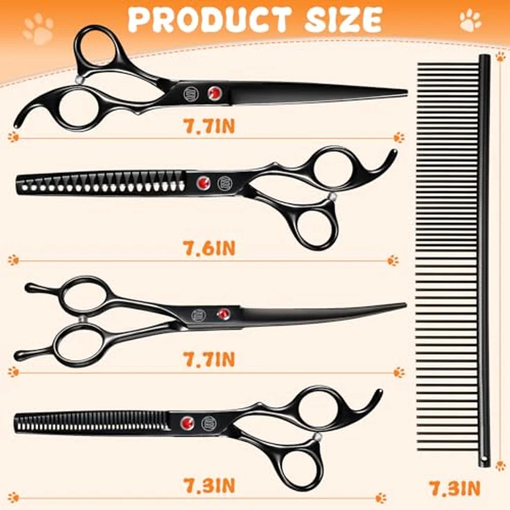 Moontay 7 Zoll Fellschere Set für Hundepflege, 8-in-1 mit gebogener, gerader, Chunker- und Ausdünnungsschere, ergonomische Griffe, Schwarz – Bild 5