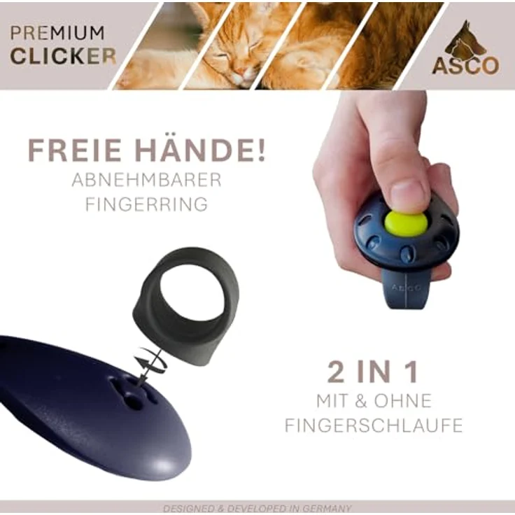 ASCO Finger Clicker AC05F, hochwertiger Clicker für Hunde, Katzen und Pferde, mit abnehmbarem Fingerring und Befestigungsband, Weiß – Bild 3