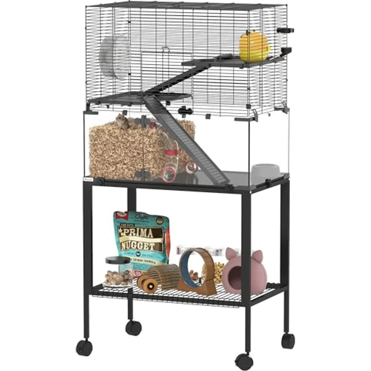 PawHut Hamsterkäfig 360°-Sicht, transparenter Nagerkäfig mit 3 Etagen, Röhrensystem, Hütte, Rampen und Rollen, 77 x 49 x 130,5 cm, Schwarz – Bild 1