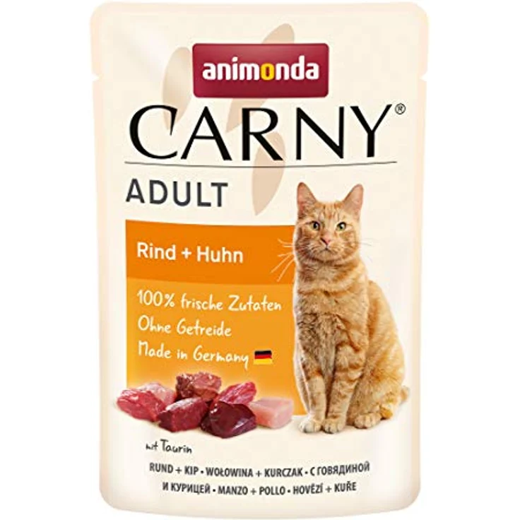 animonda Carny Katzenfutter nass Rind + Huhn, getreidefreies Katzennassfutter ohne Zucker, 12 Portionsbeutel (12 x 85g) für ausgewachsene Katzen mit frischen fleischigen Zutaten – Bild 1