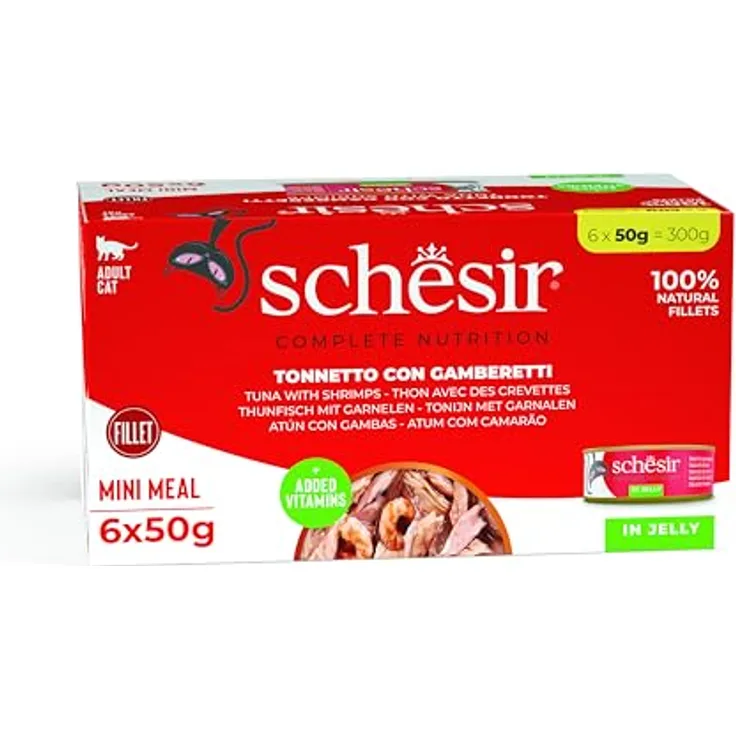 Schesir Complete Nutrition Filet in Gelee, Katzen-Nassfutter mit Thunfisch und Garnelen, 6 x 50 g, hohes Feuchtigkeitsniveau, hohe Proteingehalte, natürliche Rezeptur