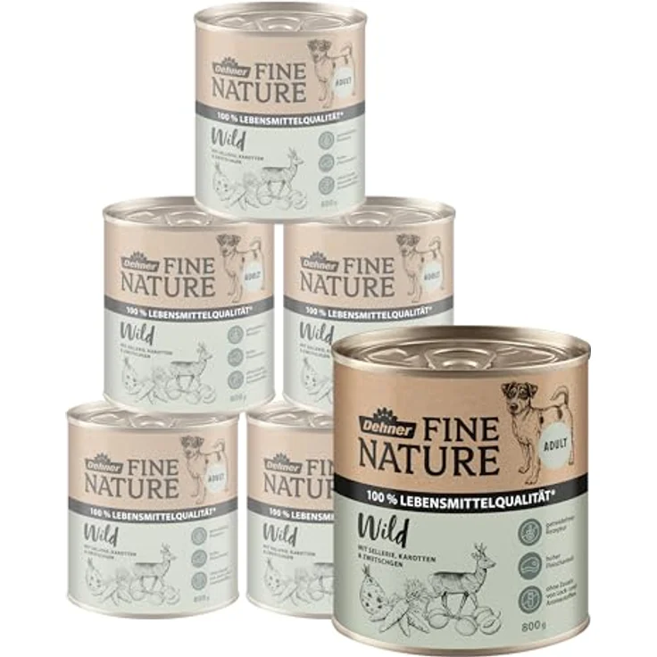 Dehner Fine Nature Hundefutter, Nassfutter in Lebensmittelqualität, getreidefrei für ausgewachsene Hunde, Wild mit Sellerie und Karotten, 6 x 800 g Dose (4.8 kg) – Bild 1
