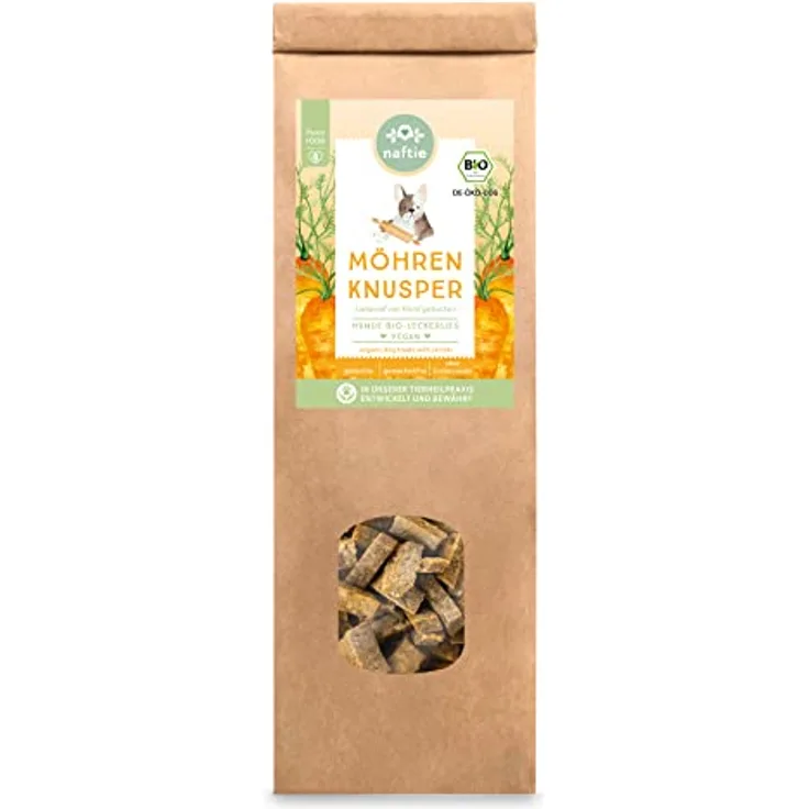 naftie Bio Leckerlis Möhren Knusper Hundekekse, vegane glutenfreie Hundeleckerli mit Buchweizenmehl, handgebacken, 150g