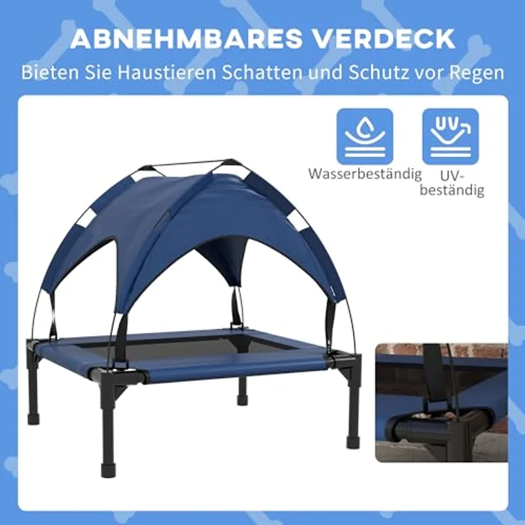 PawHut Tierbett mit Baldachin, Outdoor Hundeliege mit Dach, Atmungsaktiv, Oxford, für kleine und mittelgroße Hunde Dunkelblau Oxford 76 x 61 x 69,5 cm – Bild 5