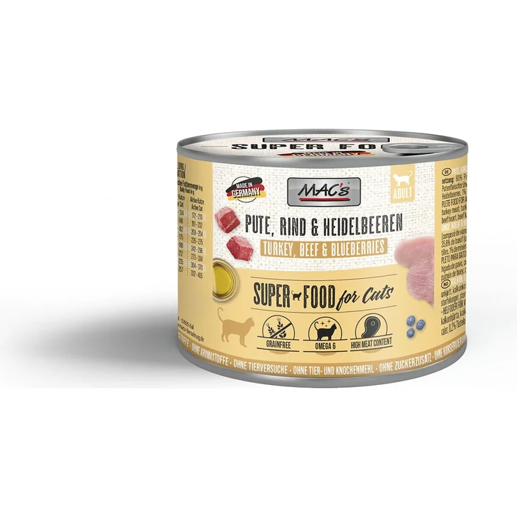 MAC's Cat Fleischmenü Pute, Rind und Heidelbeeren, 6x200g Katzen-Nassfutter für ein gesundes Geschmackserlebnis – Bild 1